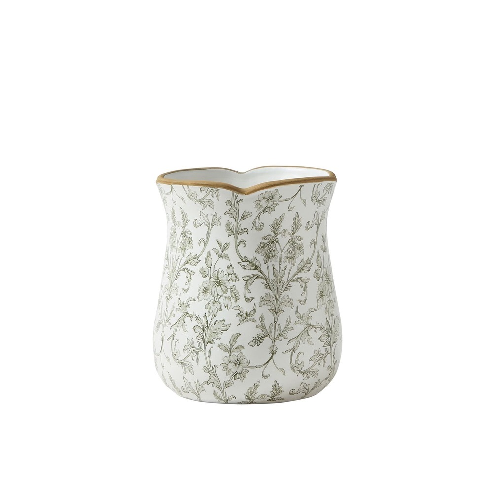 My Texas House 6" White/Green Floral Scallop Trim Ceramic Vase